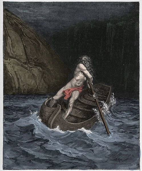 Inferno, Canto 3 : Charon (Caron) on the River Acheron, illustration from