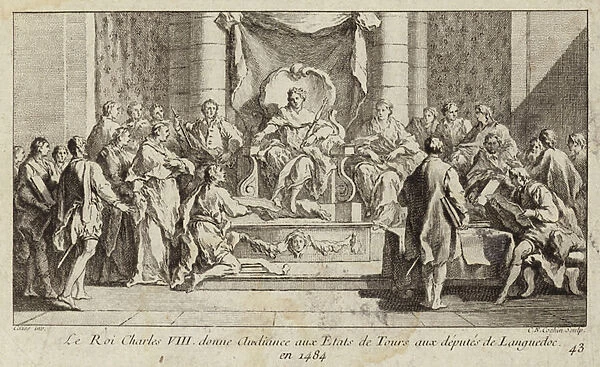 ing Charles VIII of France giving a hearing to the deputies from Languedoc at the Estates General in Tours, 1484 (engraving)