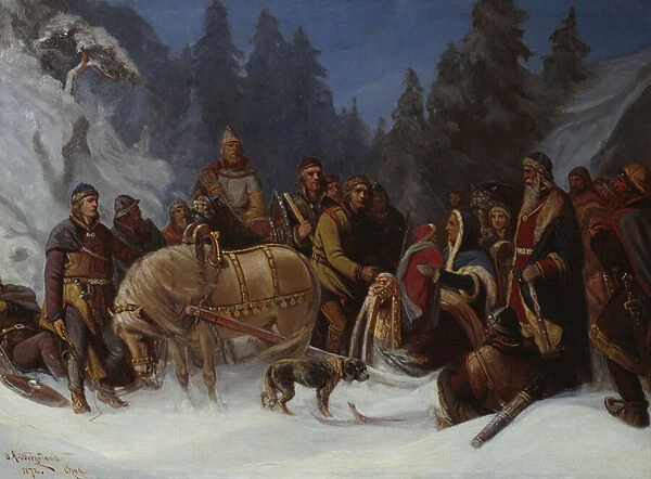 Inga Kongemor entrusts her son Hakon Hakonsson to the Birkebeiner chief Dagfinn Bonde, 1872 (oil on canvas)
