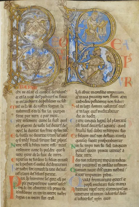 Framed Print : Initial B, beginning of Psalm 1. Decorated initial, with David writing, and below, playing stringed instrument