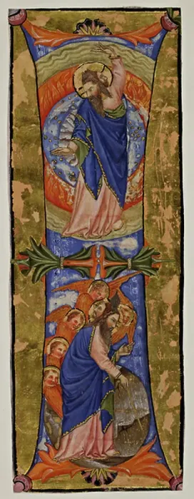 Framed Print : Initial I with two scenes from the Creation. The Creator represented with two faces, one that of the Father, the other that of the Son. Below; Creator with dividers Framed Print : Initial I with two scenes from the Creation. The Creator represented with two faces, one that of the Father, the other that of the Son. Below; Creator with dividers