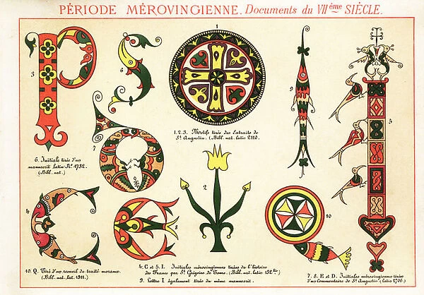 Initial letters and fleurons from documents of the Merovingian d, 1890 (Chromolithograph)