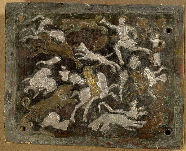 Inlaid plate: bronze hunting scenes and silver and copper inlays made 350-400 AD