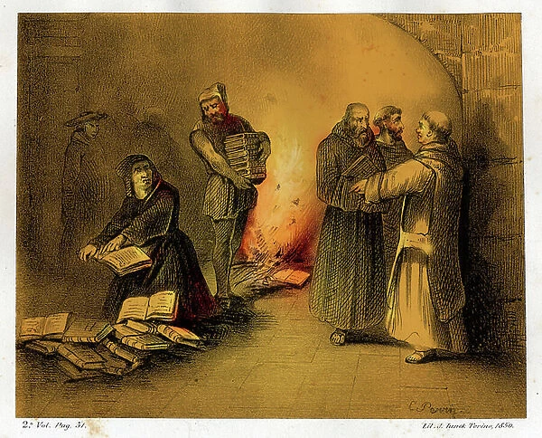 Inquisition: self-dafe of books considered heretical ordered by the Tribunal de l'Inquisition. Lithograph of 1850