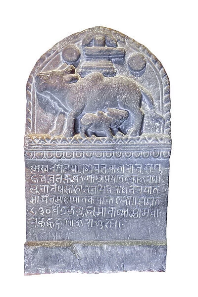 Inscription with Shivalinga, cow and calf, Nepal, 1710 (stone)