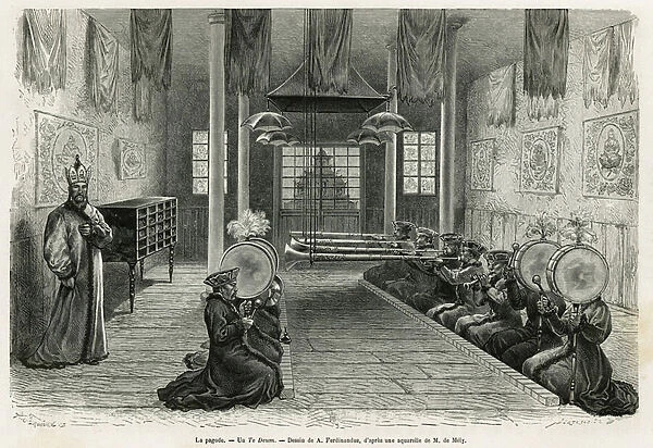 Inside the Kurul Kalmouk Pagoda (Central Asia), with Tibetan orchestra performing a Te Deum, drawing by Ferdinandus, to illustrate the story Four Months in Russia, in 1876, by F. De Mely