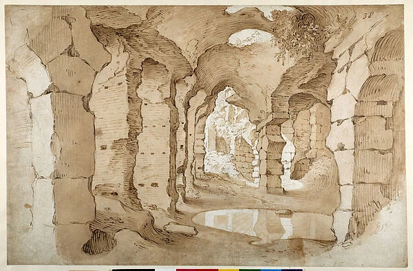 Inside the ruins of the Colosseum (pen & brown ink with brown wash on white paper)