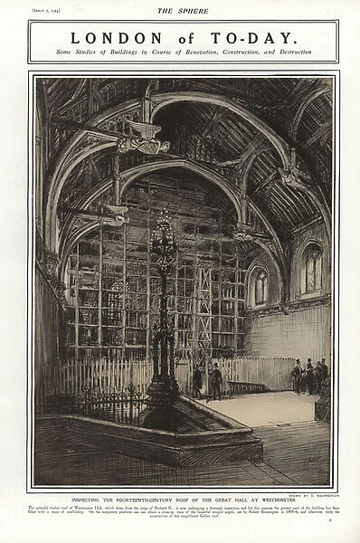 Inspecting the 14th Century roof of the Great Hall of Westminster, London (engraving)