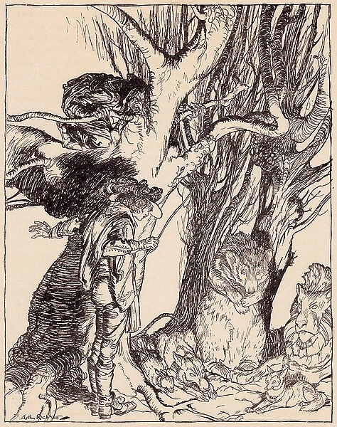 Instantly they lay still all turned into stone. Illustration by Arthur Rackham from Grimm's Fairy Tale, The Two Brothers