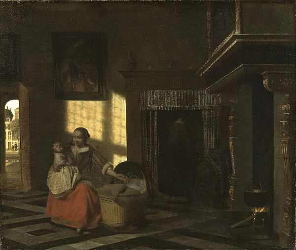 Interieur avec une mere pres d un berceau - Interior with a Mother close to a Cradle