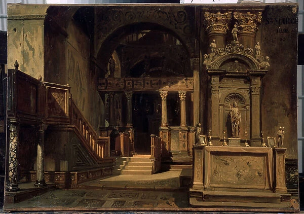 Interieur de la basilique Saint Marc a Venise (Italie) (Interior of the St Marks Basilica (Basilica di San Marco) in Venice). Peinture de Vasili Grigorievich Khudyakov (1826-1871). Huile sur toile, 29, 5 x 41 cm, 1858, art russe