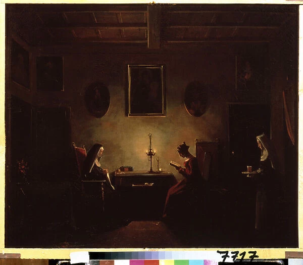 'Interieur'Scene dans un monastere, une jeune fille lisant a la lumiere des bougies, deux religieuses sont dans la piece. Peinture de Francois Marius Granet (1775-1849) 19eme siecle Musee Pouchkine, Moscou