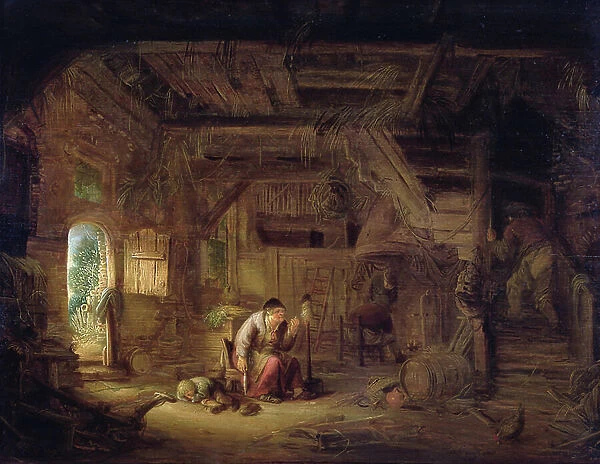 Interior of a barn with an old woman at a distaff (oil on panel)