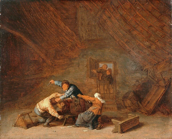 Interior of a barn with two peasants fighting, 1658 (oil on panel)