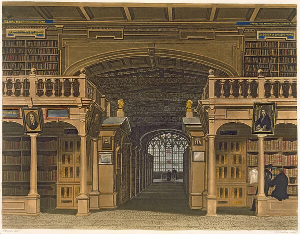 Interior of the Bodleian Library, illustration from the History of Oxford