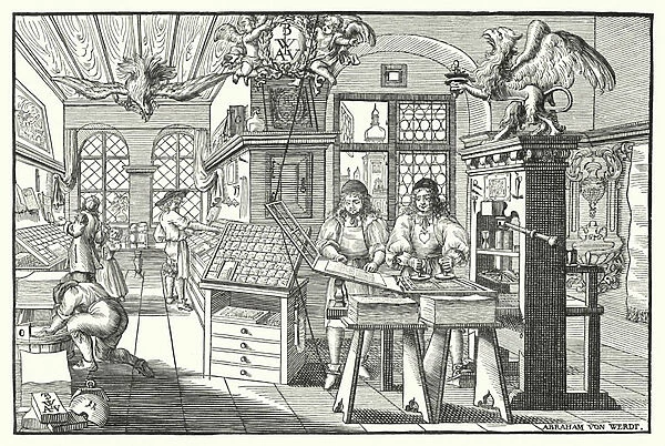 Interior of a book printers workshop, c1676 (engraving)