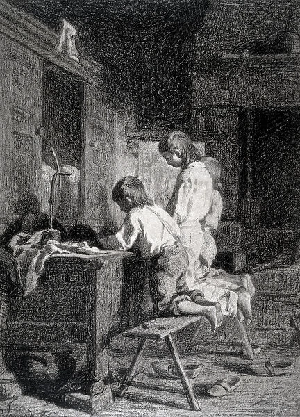 Interior with Three Boys Kneeling, c. 1850 (black crayon over brown ink wash on paper)