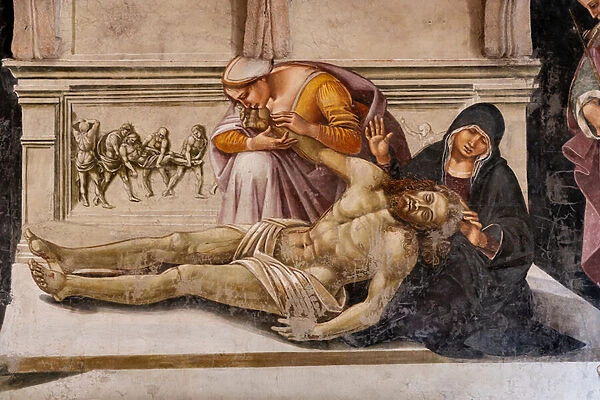 The interior, Chapel Nova or Chapel of St. Brizio, Chapel of the Holy Bodies: 'Lamentation of the Dead Christ'between the two saints of Orvieto (S. Parenzo on the right and S. Faustino on the left), by Luca Signorelli, 1500 - 1504. Detail