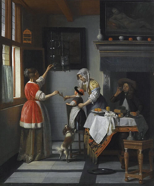 Interior with a Child Feeding a Parrot par Hooch, Pieter, de (1629-1684)