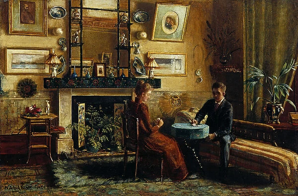 Interior with a couple playing cards, 1887-91 (oil on canvas)