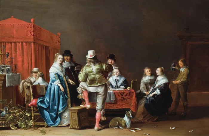Framed Print : An interior with nine figures around a table (oil on panel)