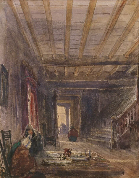 Interior with Figures at a Table (w  /  c on paper)