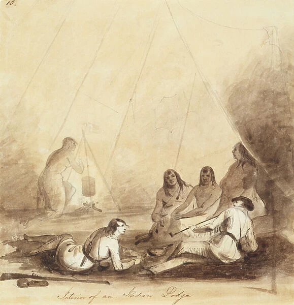 Interior of an Indian Lodge, c. 1837 (pencil, pen and ink and wash on paper)