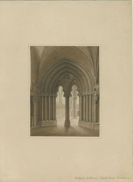 Interior of Lichfield Cathedral - Chapter House doorway: sepia drawing
