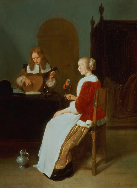 An interior with a lute player and a woman holding a parrot