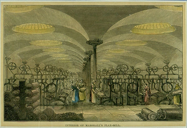 Interior of Marshall's Flax Mill, Leeds, 1838-41 (hand-coloured engraving)