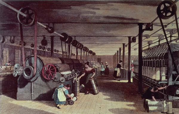 Interior of a mill; carding and drawing, 19th century (print)