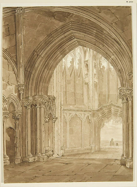Interior of North Porch of St Mary Redcliffe, 1824 (pencil & w  /  c on paper)