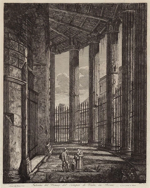 Interior of the portico of the Temple of Vesta, Rome, Italy (engraving)
