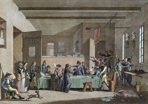 Interior of a Revolutionary Committee in 1792-93 (colour engraving)