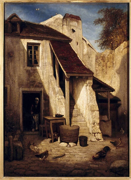 Interior of rustic courtyard in Fontainebleau Painting by Alexandre Gabriel Decamps