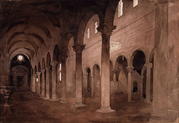 Interior of San Frediano, Lucca, 1845 (pen, brown ink & wash over pencil on paper)