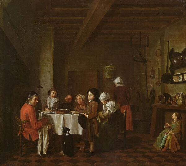 Interior scene, family meal (oil on canvas)
