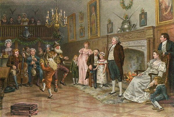 Interior of the Squires Ancestral Hall: Country Mummers Giving a Christmas Entertainment (colour litho)