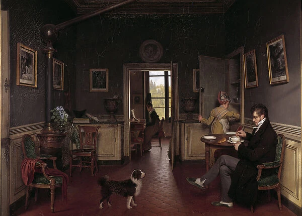 An interior view of a dining room in 1815 A man in a slipper takes his breakfast before