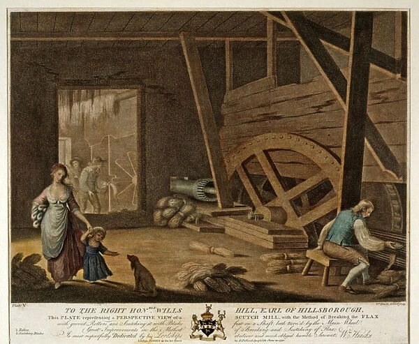Interior view of a Scutch Mill, Plate V of The Linen Manufactory of Ireland