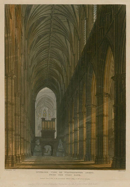 Interior view of Westminster Abbey, London, from the West Gate (coloured engraving)