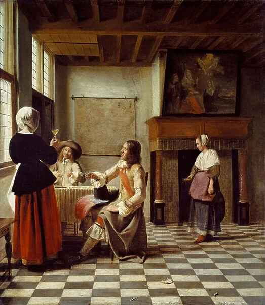 An Interior, with a Woman drinking with Two Men, and a Maidservant (oil on canvas)