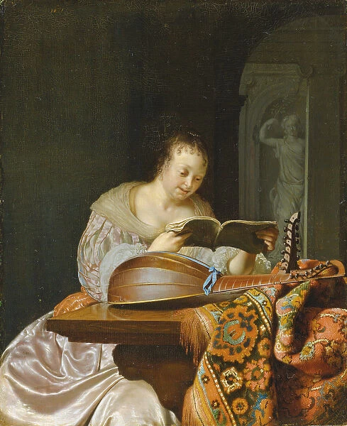 An interior with a woman reading music at a partially draped table with a double-head
