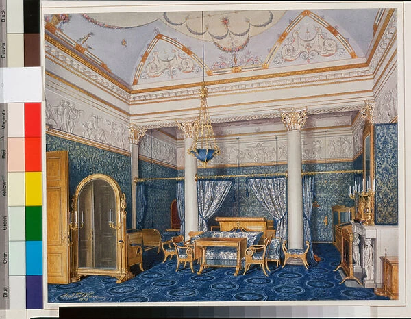 Interiors of the Winter Palace (Palais d hiver a Saint Petersbourg) : The Bedchamber of Empress Alexandra Fyodorovna - Watercolour on paper by Eduard (Edouard) Hau (1807-1887), 1870 - Dim 33x40, 5 cm - State Hermitage, St Petersburg