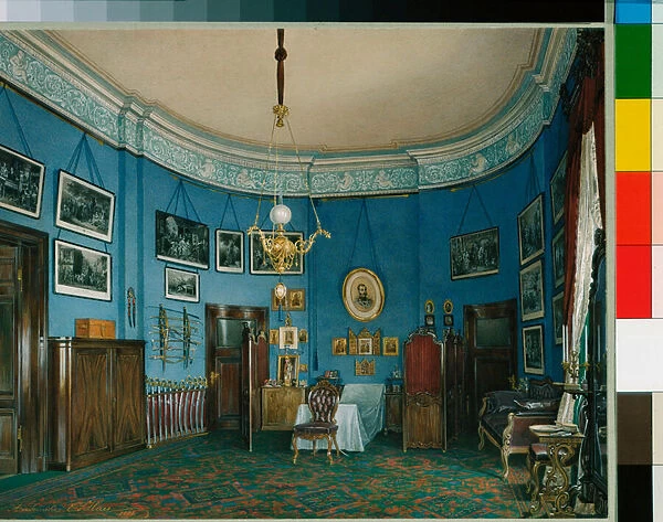 Interiors of the Winter Palace (Palais d hiver a Saint Petersbourg) : The Bedroom of Crown Prince Nikolay Aleksandrovich - Watercolour on paper by Eduard (Edouard) Hau (1807-1887), 1865 - Dim 26, 5x35 cm - State Hermitage, St Petersburg