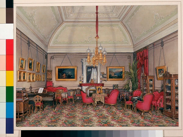 Interiors of the Winter Palace (Palais d hiver a Saint Petersbourg) : The Fifth Reserved Apartment - The Drawing Room of Grand Princess Maria Alexandrovna - Watercolour on paper by Eduard (Edouard) Hau (1807-1887), 1874 - Dim 30, 5x40