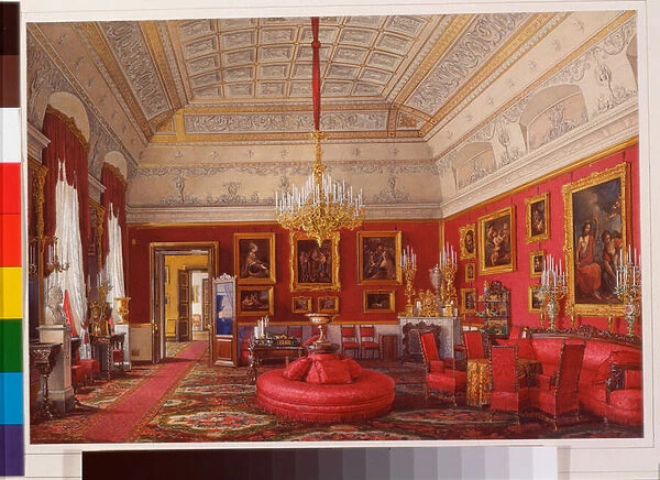 Interiors of the Winter Palace (Palais d hiver a Saint Petersbourg) : The First Reserved Apartment - The Large Study of Grand Princess Maria Nikolayevna - Watercolour on paper by Eduard (Edouard) Hau (1807-1887), 1867 - Dim 31, 6x46