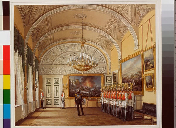 Interiors of the Winter Palace (Palais d hiver a Saint Petersbourg) : The Guardroom - Watercolour on paper by Eduard (Edouard) Hau (1807-1887), 1864 - Dim 33x38, 5 cm - State Hermitage, St Petersburg