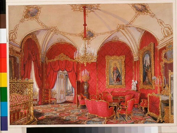Interiors of the Winter Palace (Palais d hiver a Saint Petersbourg) : The Fourth Reserved Apartment - The Corner Room - Watercolour on paper by Eduard (Edouard) Hau (1807-1887), 1868 - Dim 32, 5x44, 7 cm - State Hermitage, St Petersburg