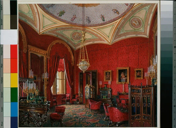 Interiors of the Winter Palace (Palais d hiver a Saint Petersbourg) : The Study of Empress Alexandra Fyodorovna - Watercolour on paper by Eduard (Edouard) Hau (1807-1887) - Mid of the 19th century - State Hermitage, St Petersburg